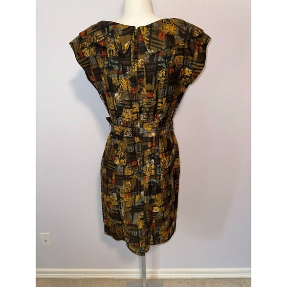 Vtg 60s Brown Orange Abstract Sheath Dress Bow Belted Secretary Womens Size S - Picture 3 of 6